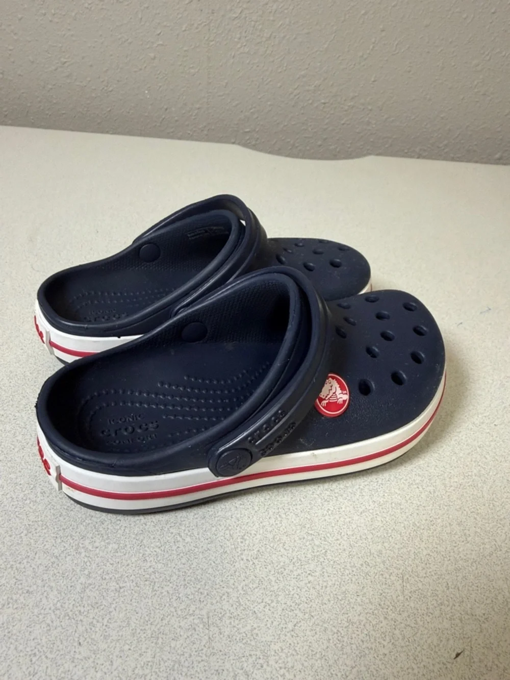 CROCS Kids Navy Clogs with White and Red Trim